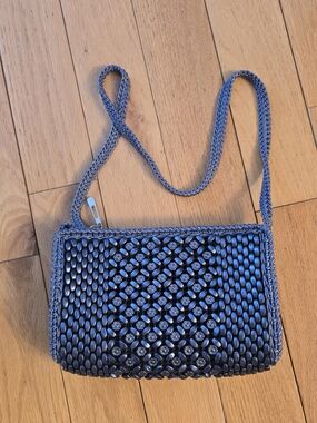 Woven Bead Detail Shoulder Bag in Steel Navy